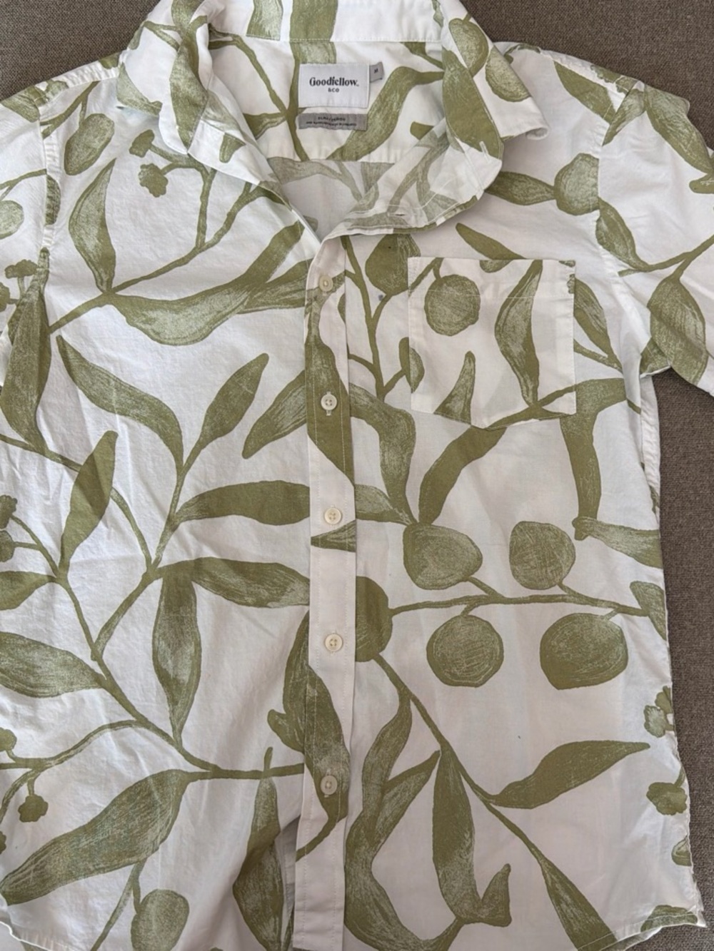 Goodfellow & Co White Shirt with Olive Green Leaf Print